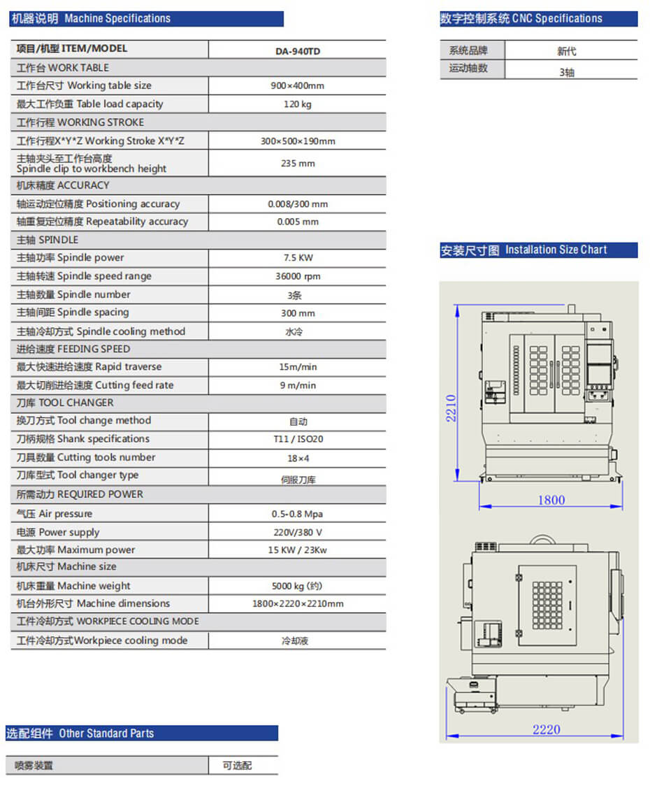 DA-940TD三頭刀庫精雕機規(guī)格參數(shù)